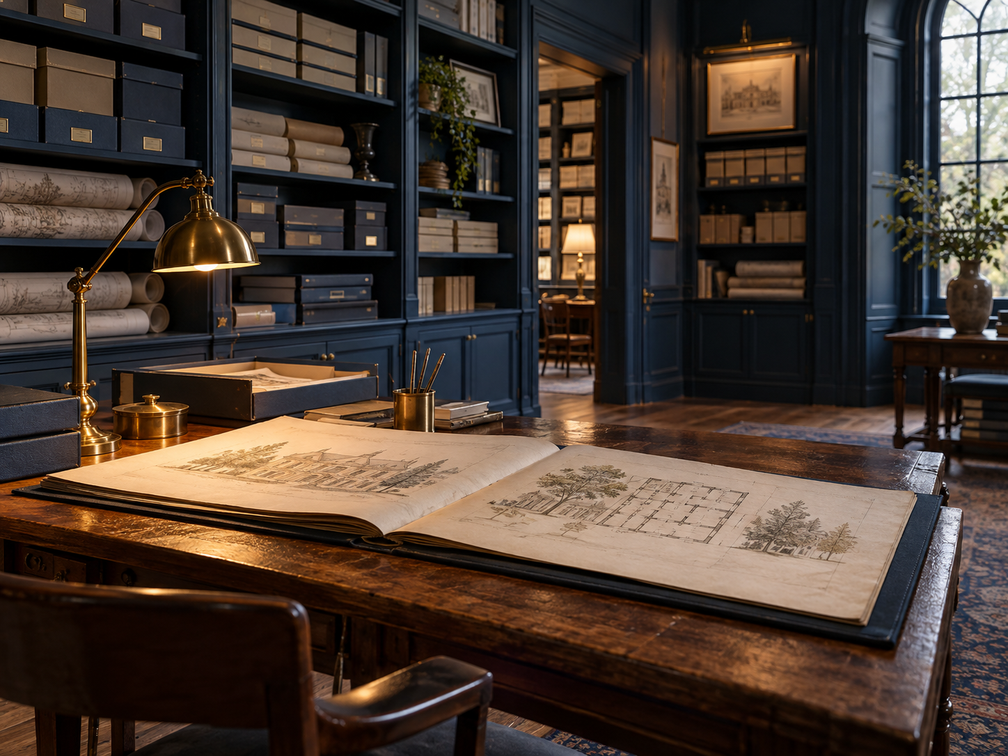 Organised archive shelves and an open folio in a refined reading room